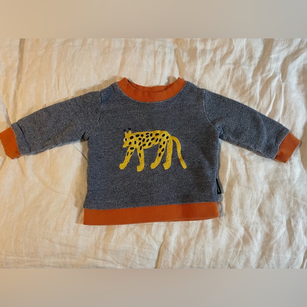 Marimekko Kids Blue and Orange Sweater with Big Cat Design